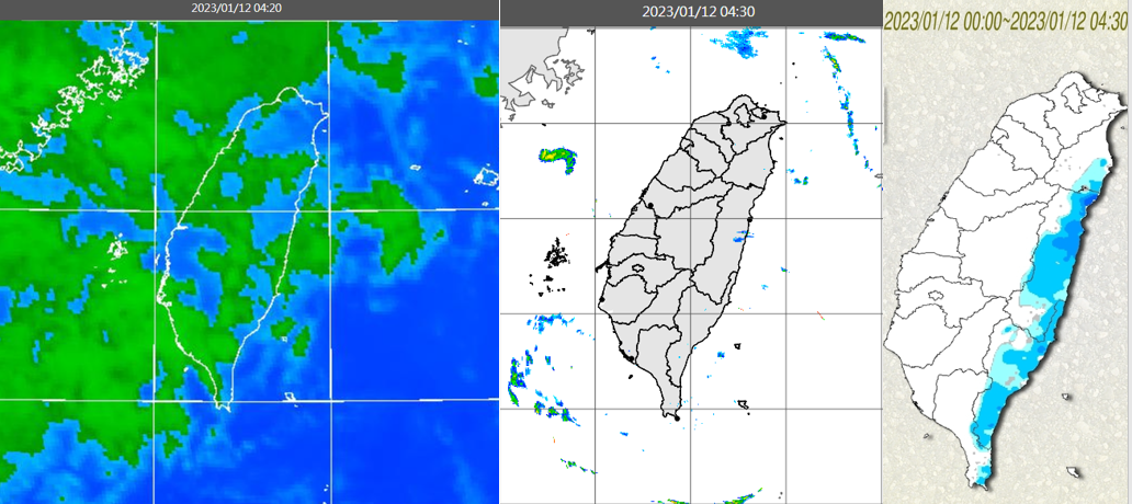 12日4：20紅外線色調強化雲圖顯示，台灣上空仍有鬆散雲層（左圖）。（翻攝自三立準氣象· 老大洩天機）