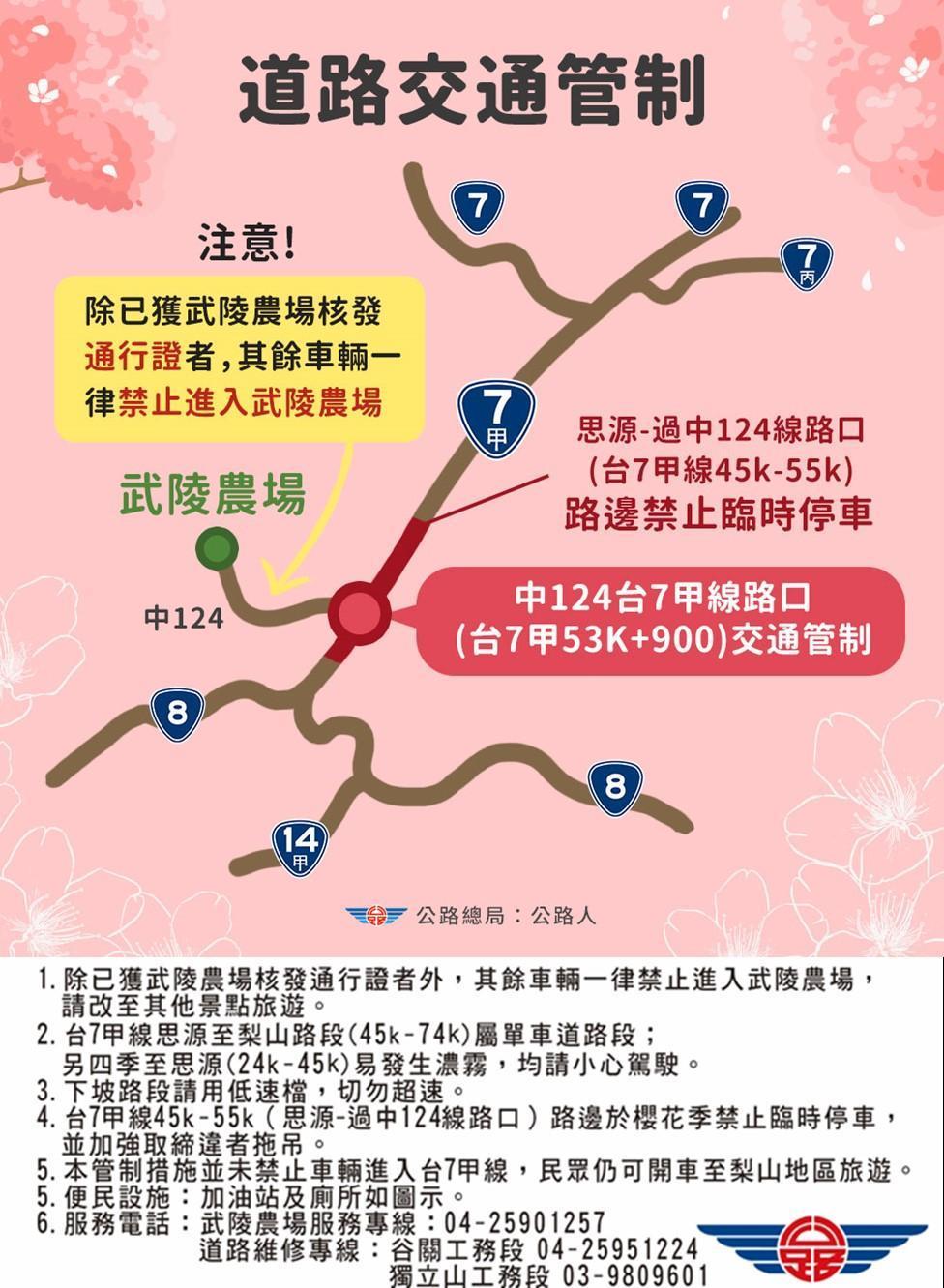 武陵農場櫻花季將於2月7日至2月28日舉辦，公路總局祭出交管，台7甲線與中124線路口全天管制。（公路總局提供）