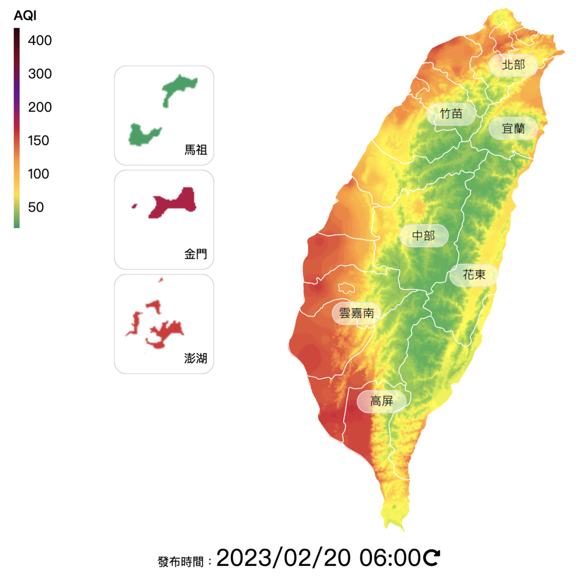 嚴重境外空汙影響台灣空氣品質，西半部一片橘紅。（翻攝自空氣品質監測網）