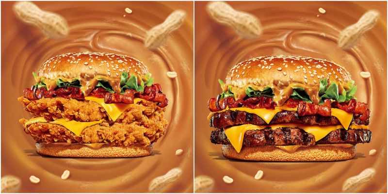 ▲美式花生重磅雙層辣雞堡（左）、每是花生重磅雙牛堡（右）。（圖／漢堡王提供）