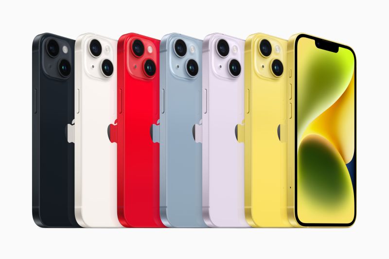 ▲目前iPhone 14 和 iPhone 14 Plus 提供午夜色、星光色、(PRODUCT)RED、藍色、紫色，再加入即將上市的黃色，一共有6種顏色可以選擇。(圖／官方提供)