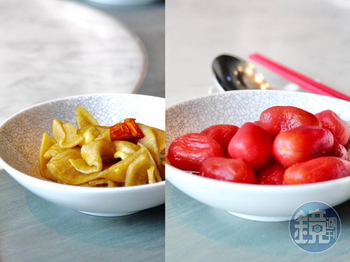 開飯前先淺嘗「望月樓」的開胃小菜，特別喜歡蜜漬番茄、醃蘿蔔的宜人酸爽。