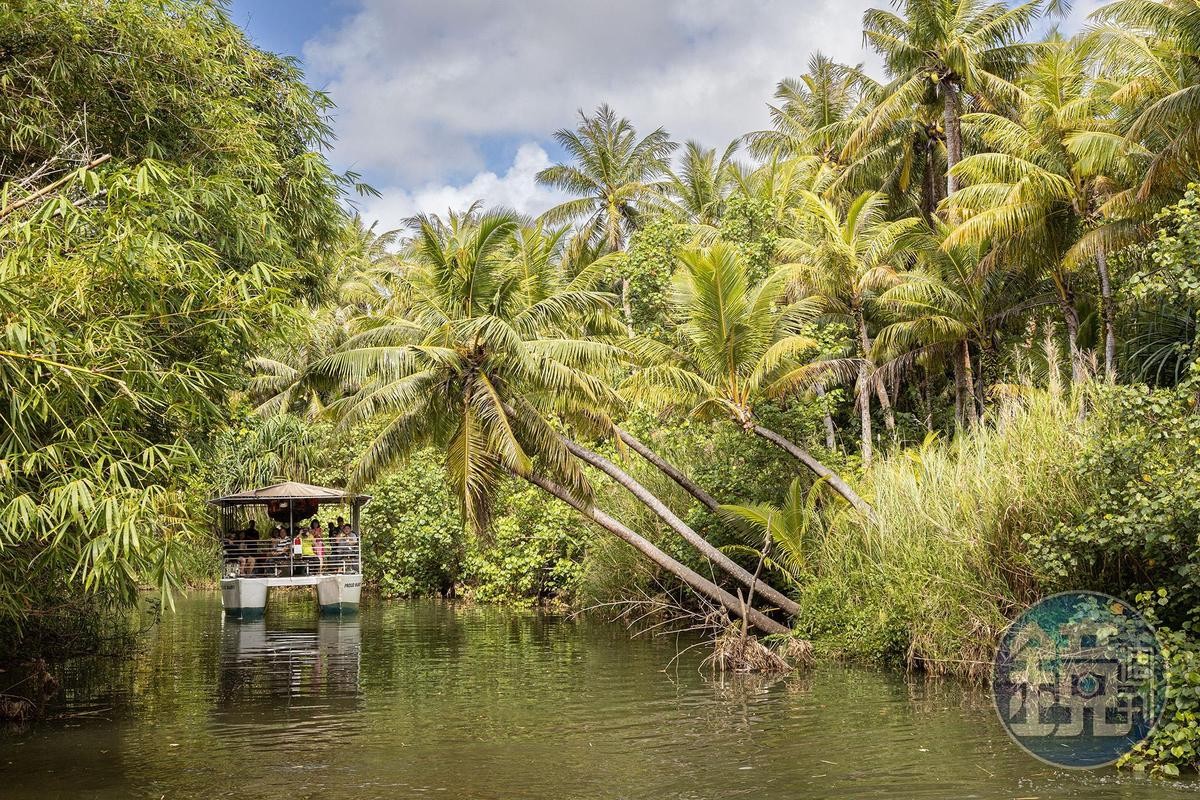 除了海岸風光，來到關島也可搭乘遊船進入有如小亞馬遜河的水道與叢林，探訪查莫洛部落。