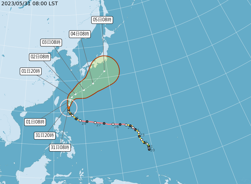 中央氣象局發布颱風路徑潛勢圖。（中央氣象局提供）
