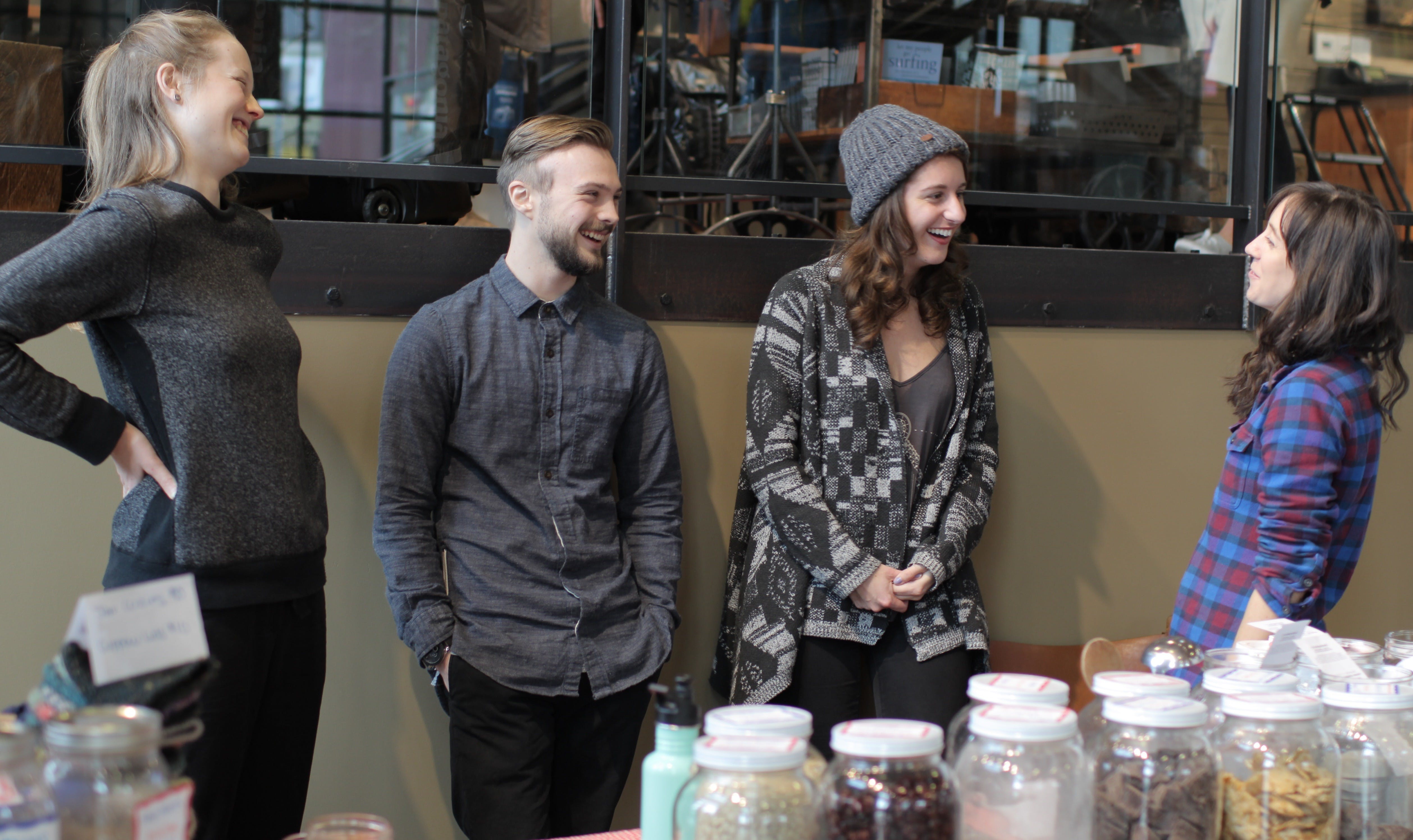 Co-founder of Canada's first zero-waste market, Brianne Miller (right), is seen with other volunteers of the pop-up store. Photo Credit: Jenny Peng