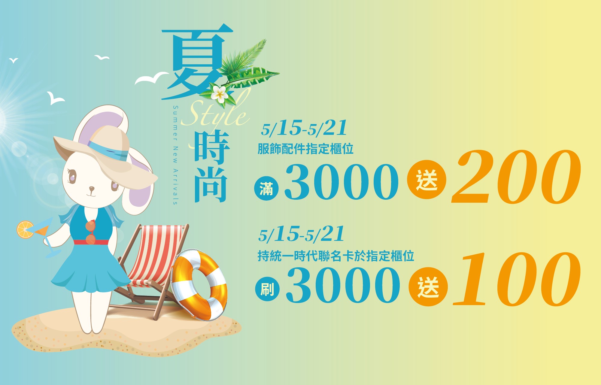 統一時代百貨夏時尚服飾配件滿3000送200，持聯名卡於指定櫃位滿3000再加送100.jpg