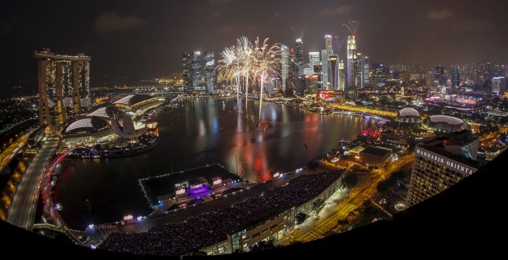 Fireworks explode during Singapore's Golden Jubilee celebrations near the central business district