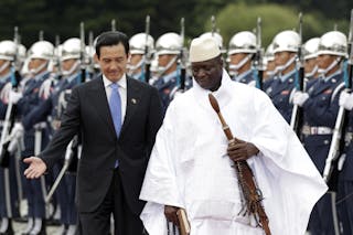 Taiwanese President Ma and Gambia's President Jammeh attend welcoming ceremony at Chiang Kai-shek Memorial in Taipei