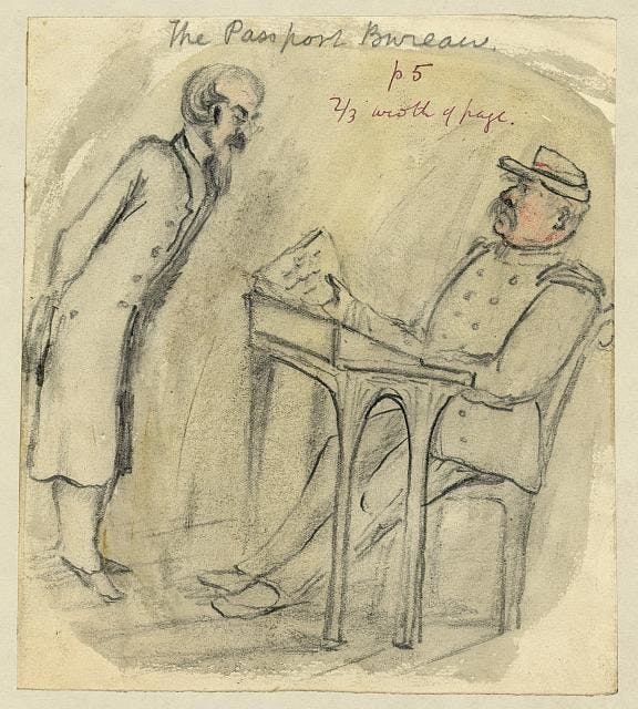 一名官方人員正在檢查旅客的人文件，1856年由Bayard Taylor所繪。Photo Credit：美國國會圖書館