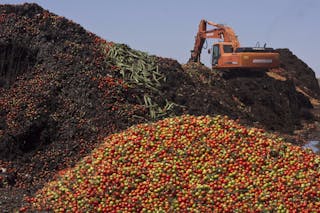 A digger mixes discarded vegetables with compost in a pile of vegetable residue at the Albahida vegetable recycling plant in Nijar, in the southern Spanish region of Almeria