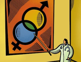 Female doctor pointing to a chart with male and female symbols