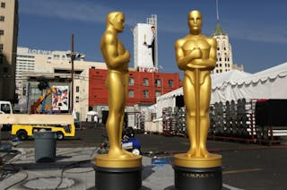 Oscar statues are shown in a preparation area near the Dolby Theater, during preparations ahead of the 87th Academy Awards in Hollywood