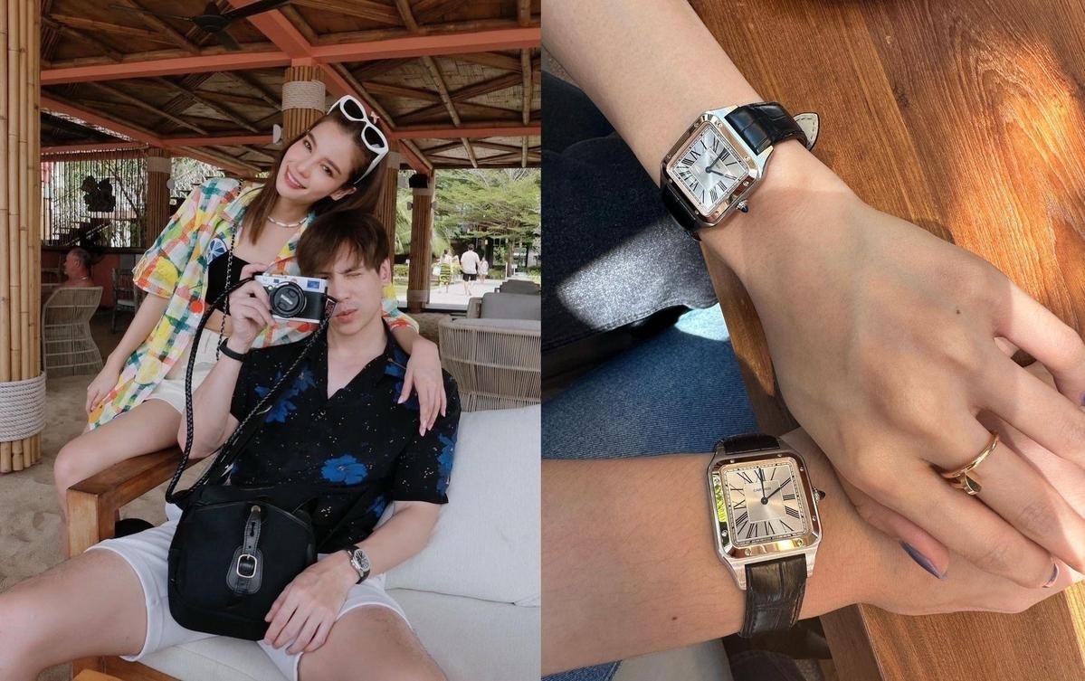 Jes今年情人節分享與Vill的合照（左圖），更大曬兩人的情侶錶。（翻攝自Jes Instagram）