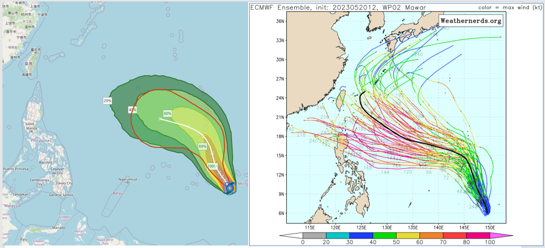 21日2時中央氣象局「颱風路徑潛勢預測圖」顯示，輕颱「瑪娃」在菲律賓東方海面，預測向北北西漸轉西北西，5天內與台灣距離還很遠（左圖）。20日20時歐洲模式（ECMWF）系集模擬圖顯示，「瑪娃」未來10天的行進趨勢（右圖）。（翻攝自「三立準氣象.老大洩天機」）