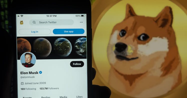 INDIA - 2023/04/04: In this photo illustration, the Elon Musk's twitter account seen displayed on a mobile phone screen with a Dogecoin logo in the background. (Photo Illustration by Idrees Abbas/SOPA Images/LightRocket via Getty Images)