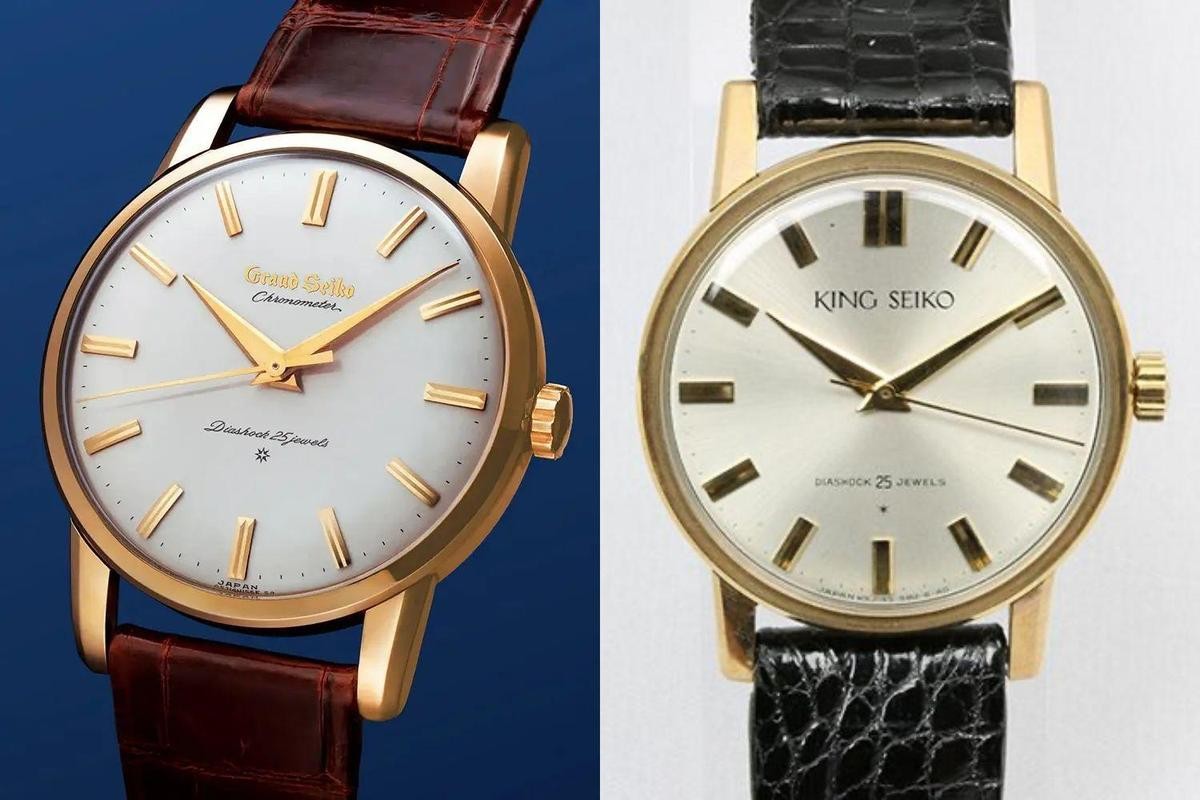 1960年時，「諏訪精工舍」首先發表Grand Seiko錶款（左），往高級製錶之路邁進；緊接著，1961年「第二精工舍」也發表King Seiko錶款（右）與之競爭。
