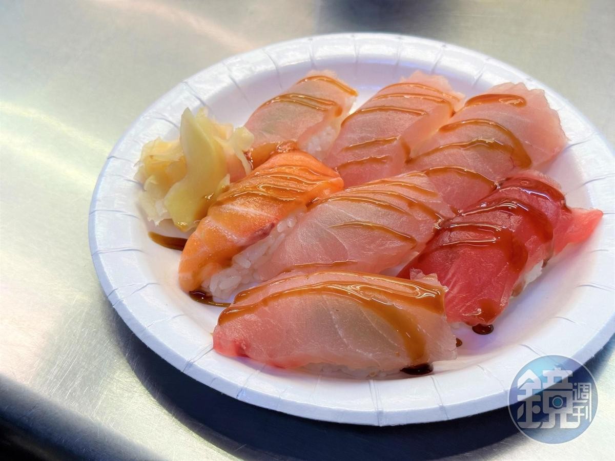 「綜合握壽司」有5貫旗魚，鮭魚、鮪魚各1貫。（150元／份、7貫）