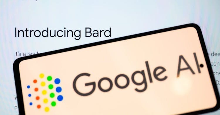 Google Bard seen on Google blog post with Google logo on mobile. On 6 February 2023 in Brussels, Belgium. (Photo illustration by Jonathan Raa/NurPhoto via Getty Images)