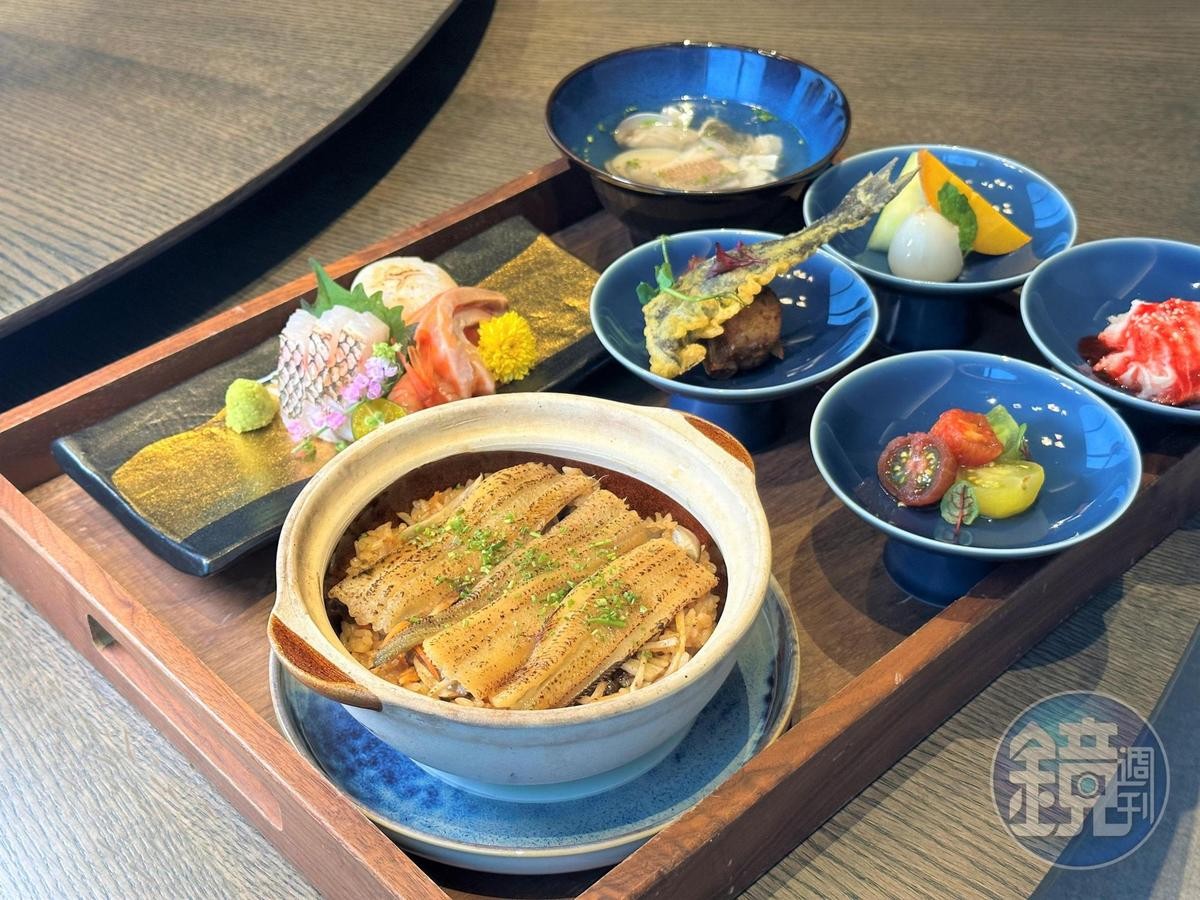 「星鰻炊飯」會附綜合生魚片、現煮魚湯、炸魚、水果和甜點，分量很足。（980元／份）