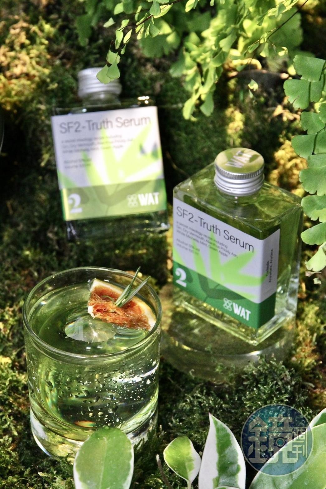 「SF2-誠實吐真劑雞尾酒」不僅風味沁涼清新，外包裝設計上也搭配未來城市森林的綠植主題。