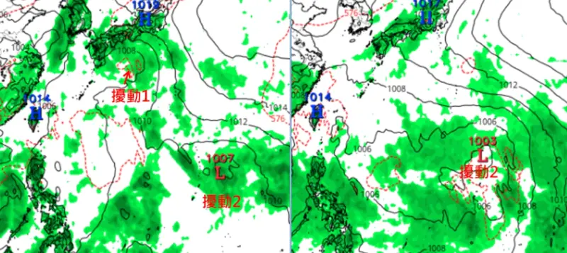▲本週在日本南方、菲律賓東方海面預期會有2個熱帶擾動發展，實際影響還有待觀察。（圖／「三立準氣象．老大洩天機」）