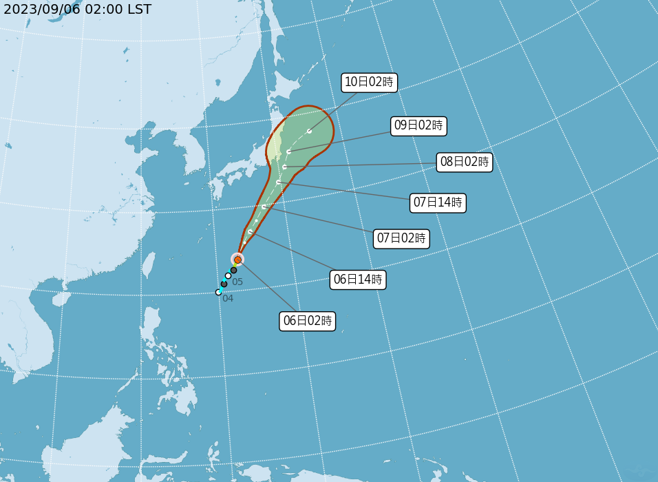 鴛鴦颱風向日本南方海面前進，對台灣天氣無影響。（中央氣象局提供）