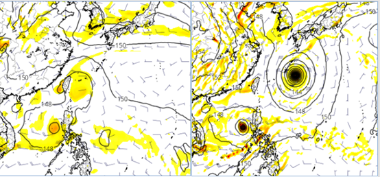 最新歐洲（ECMWF左圖）及美國（GFS右圖）模式，28日20時模擬圖顯示，「西北太平洋」有兩個熱帶擾動活動的跡象，但各模式所模擬的生成時間及位置不斷調整，且差異仍大，需持續觀察。（翻攝自三立準氣象.老大洩天機／圖擷自tropical tidbits）