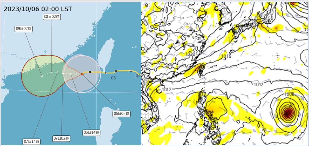 最新中央氣象署「路徑潛勢預測圖」（左圖）顯示，「中颱小犬」在墾丁西方海面，持續偏西移動，漸行漸遠。最新歐洲模式10日20時模擬圖（右圖）顯示，熱帶擾動在呂宋島東側發展，另一擾動在關島附近醞釀。（翻攝自三立準氣象.老大洩天機／右圖擷自tropical tidbits）
