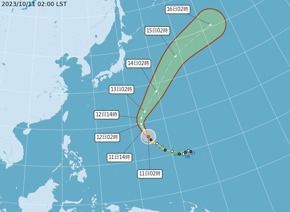 布拉萬颱風朝日本東南方海面移動，對台灣沒影響。（中央氣象署提供）