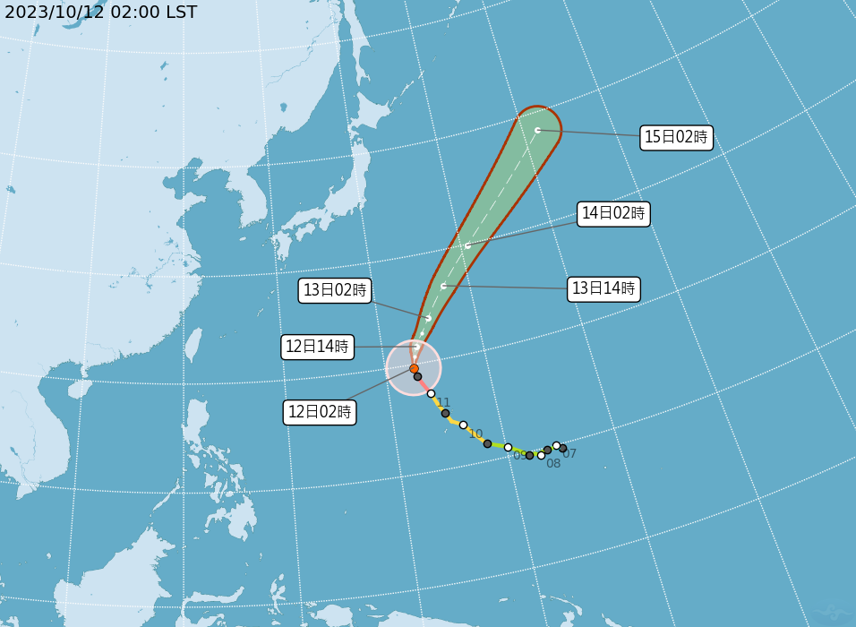 颱風布拉萬未來預估將朝日本東南方海面移動，對台灣天氣沒有直接影響。（中央氣象署提供）