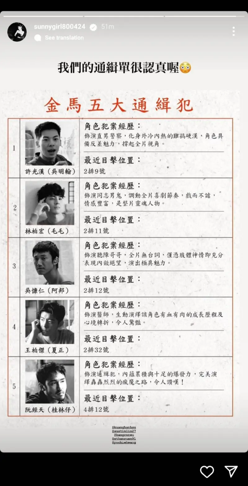 ▲Lulu公開「金馬五大通緝犯」名單。（圖／翻攝自Lulu Instagram）