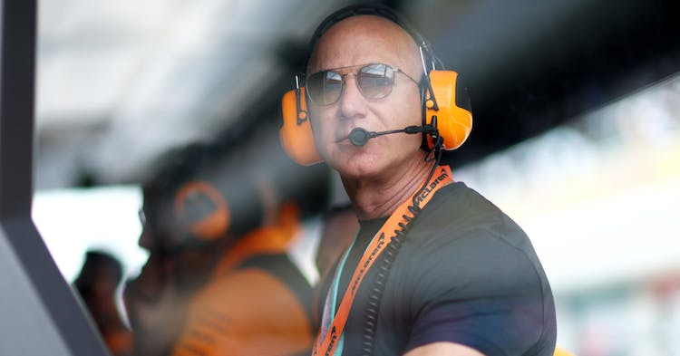 MIAMI, FLORIDA - MAY 06: Jeff Bezos looks on from the McLaren pitwall during final practice ahead of the F1 Grand Prix of Miami at Miami International Autodrome on May 06, 2023 in Miami, Florida. (Photo by Dan Istitene - Formula 1/Formula 1 via Getty Images)