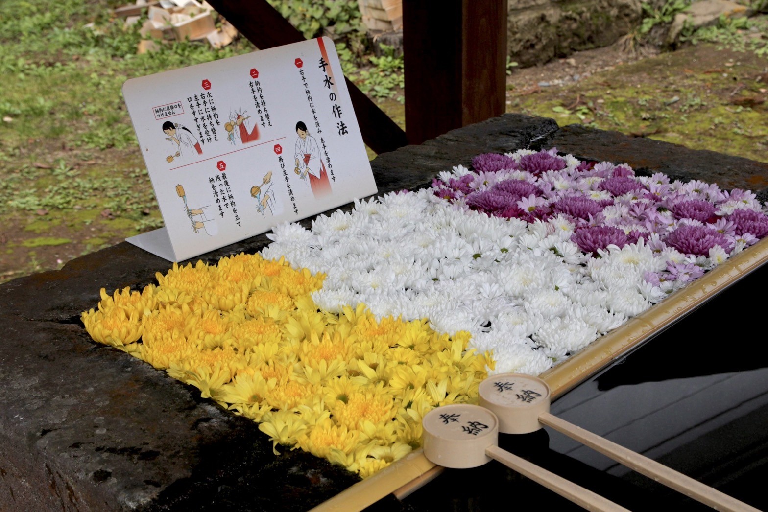 土津神社的手水舍很特別，以當季供奉的鮮花擺出美麗的「花手水」。