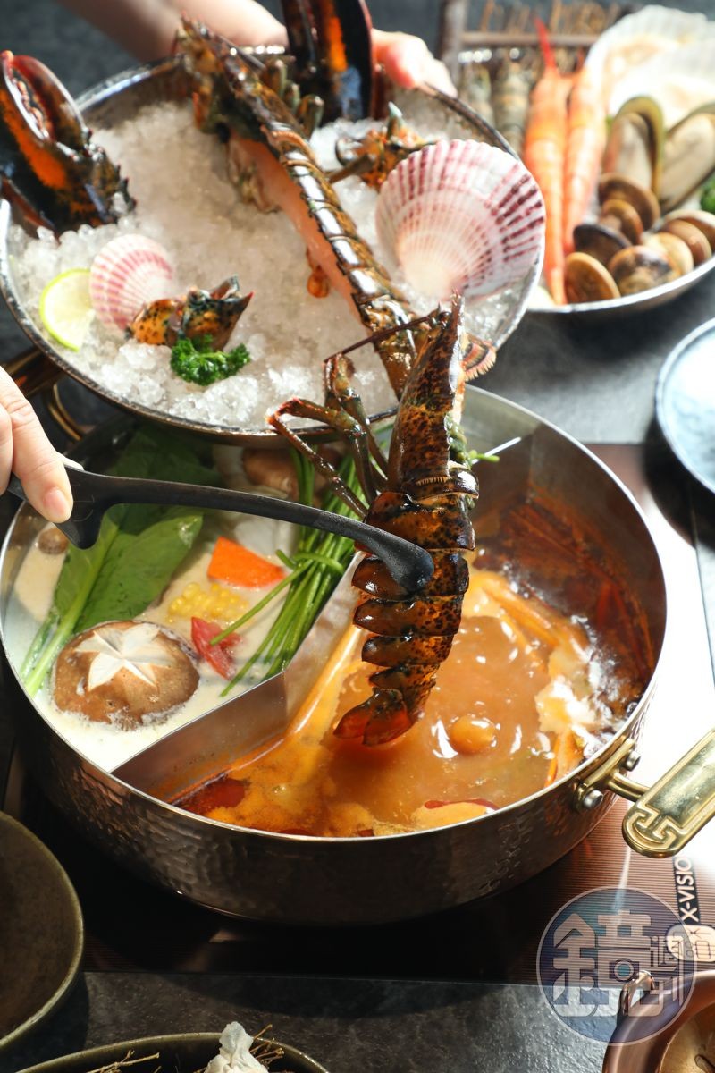 整隻波士頓龍蝦下鍋，只需3分種就可撈起取肉，龍蝦頭與蝦殼則可繼續熬煮增味。