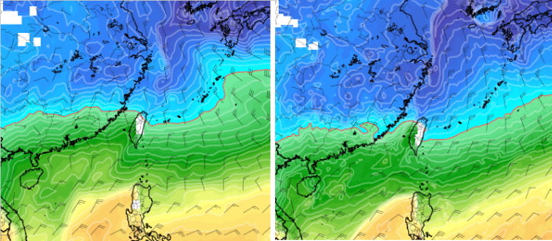 最新歐洲模式模擬24日20時850百帕圖顯示（左圖），平地最低氣溫可降至6度以下；美國模式同時的模擬則降得更低（右圖）。（翻攝自「三立準氣象.老大洩天機」）