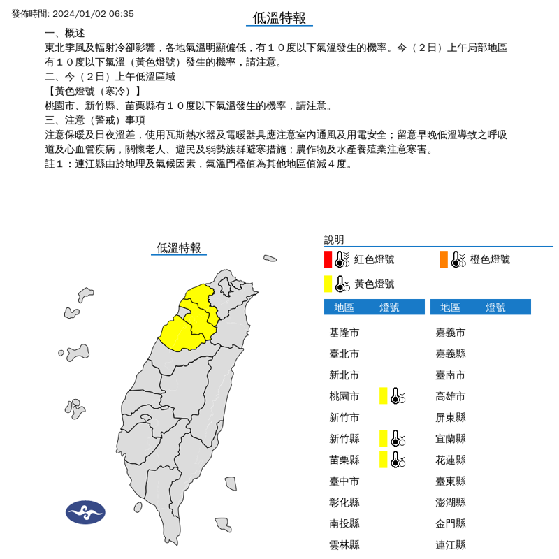 氣象署今上午對桃園市、新竹縣、苗栗縣發布低溫特報。（中央氣象署提供）