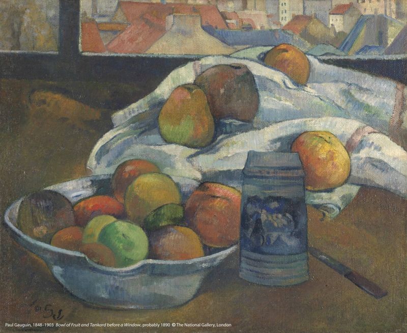 保羅．高更（1848-1903）作品〈窗前的果盆和啤酒杯〉，約1890年創作。（圖片版權：英國國家藝廊）