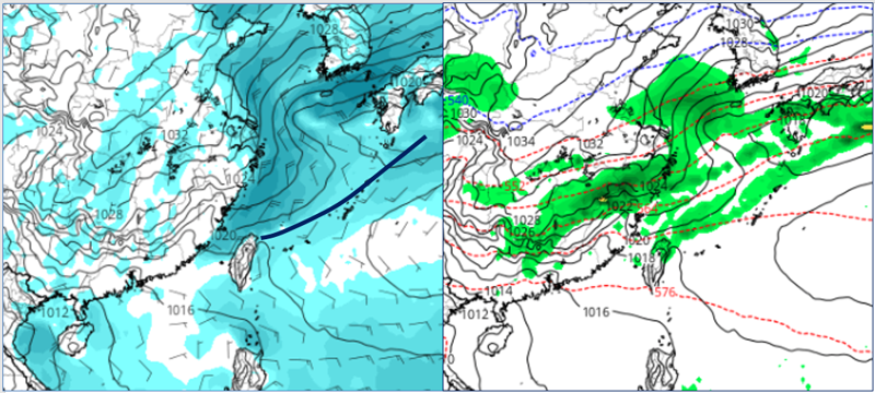 最新歐洲模式，22日20時地面氣壓及風場模擬（左）圖顯示，週四傍晚微弱鋒面掠過、東北季風逐漸南下；22日20時地面氣壓及雨量（右）圖顯示，迎風面有降雨。（翻攝自三立準氣象.老大洩天機／圖擷自tropical tidbits）