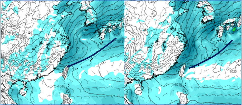 歐洲及美國模式，22日20時地面氣壓及風場模擬圖顯示，22日下午或晚間微弱鋒面掠過、東北季風逐漸南下。（翻攝自三立準氣象.老大洩天機）