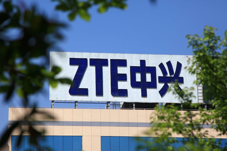 The logo of China's ZTE Corp is seen on a building in Nanjing